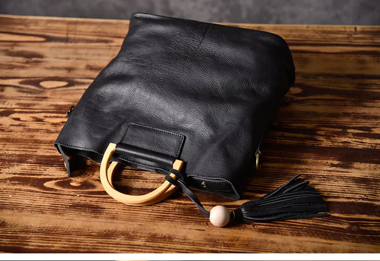 Leather Women Bucket Bag Handbag Shoulder Bag For Women with Tassels