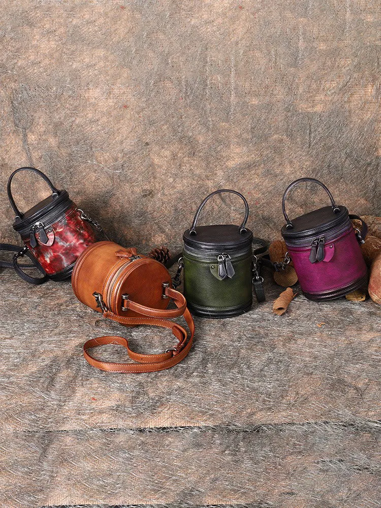 Leather Womens Bucket Handbag Barrel Shoulder Bag Crossbody Purse for Ladies