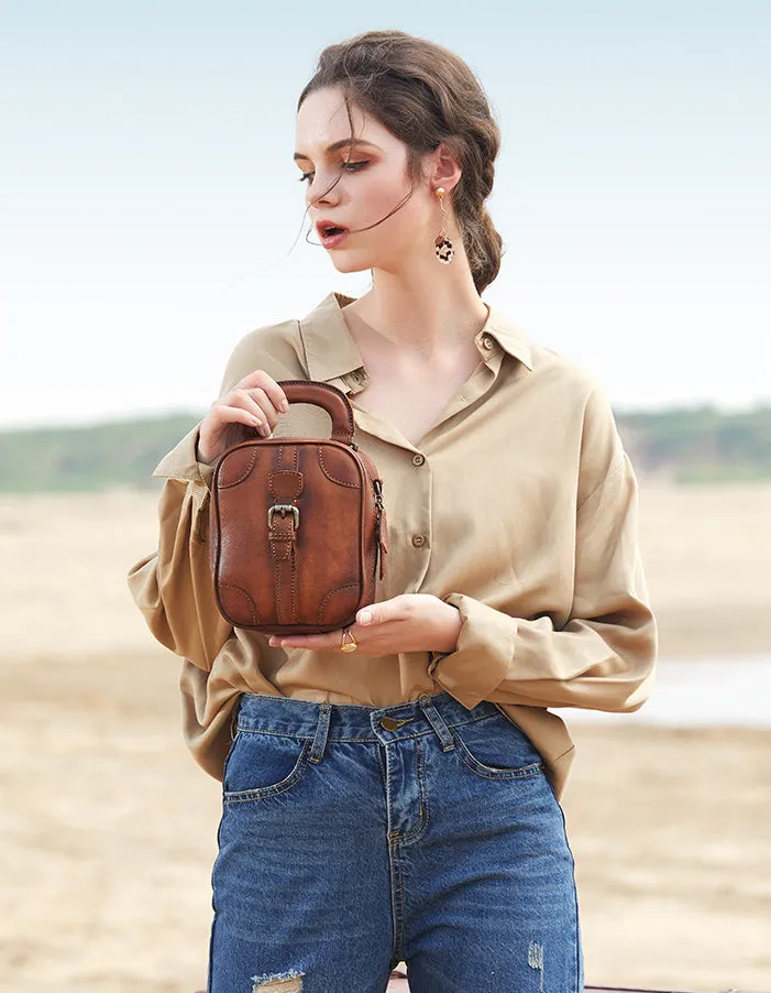 Leather Womens Small Vertical Shoulder Bag Small Handmade Crossbody Handbag Purse for Ladies