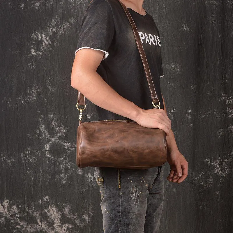 Light Brown Leather Mens Barrel Shoulder Bag Side Bag Messenger Bag For Men