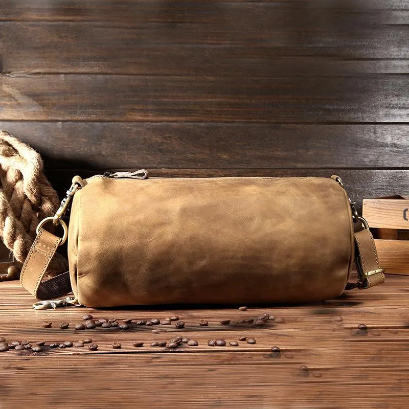 Light Brown Leather Mens Barrel Shoulder Bag Side Bag Messenger Bag For Men