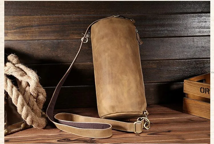 Light Brown Leather Mens Barrel Shoulder Bag Side Bag Messenger Bag For Men