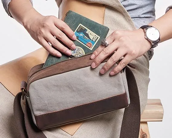 Mens Canvas Leather Gray Cool Messenger Bag Side Bag for Men