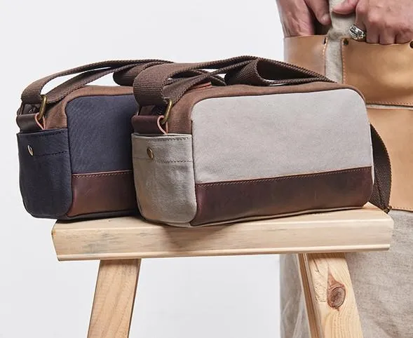 Mens Canvas Leather Gray Cool Messenger Bag Side Bag for Men