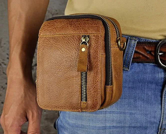 Mens Leather Small Belt Pouch Side Bag Holster Belt Case Waist Pouch for Men