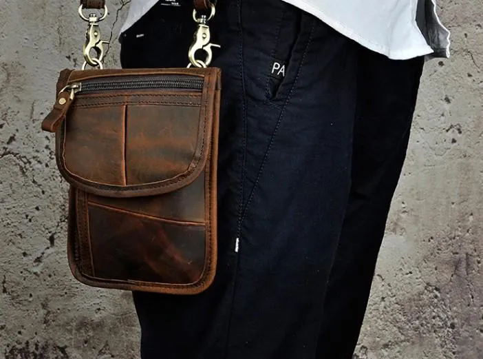 Mens Leather Small Belt Pouch Slim Side Bag Waist Pouch Holster Belt Case for Men