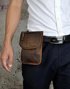 Mens Leather Small Belt Pouch Slim Side Bag Waist Pouch Holster Belt Case for Men