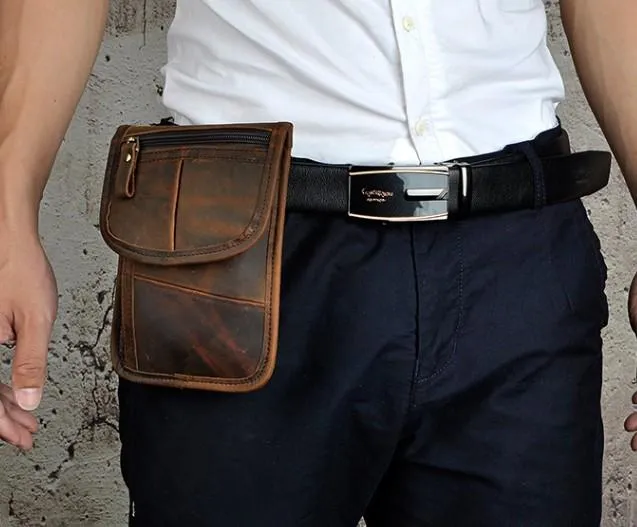 Mens Leather Small Belt Pouch Slim Side Bag Waist Pouch Holster Belt Case for Men