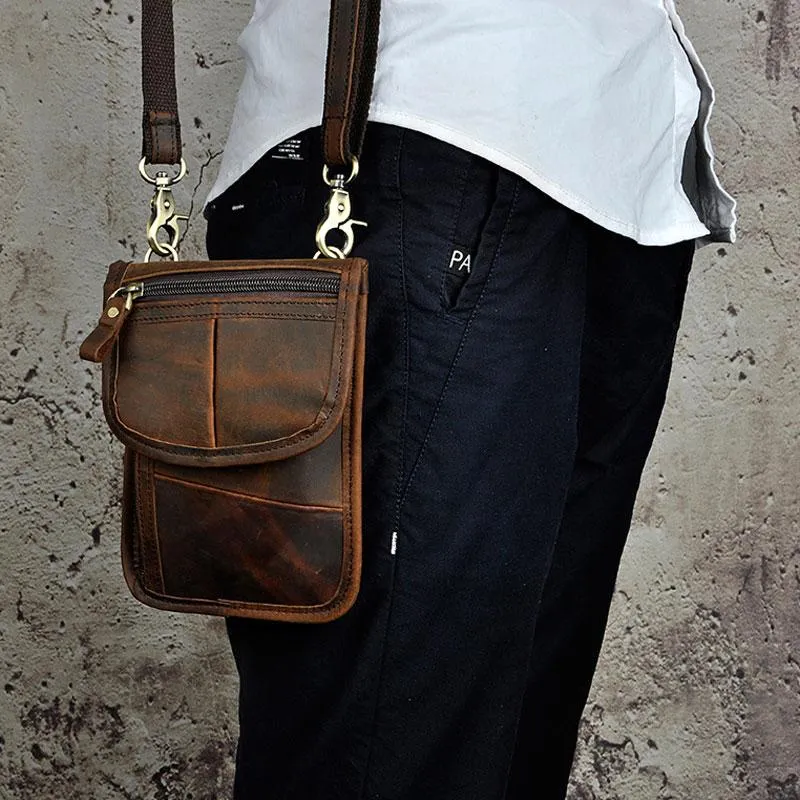Mens Leather Small Belt Pouch Slim Side Bag Waist Pouch Holster Belt Case for Men