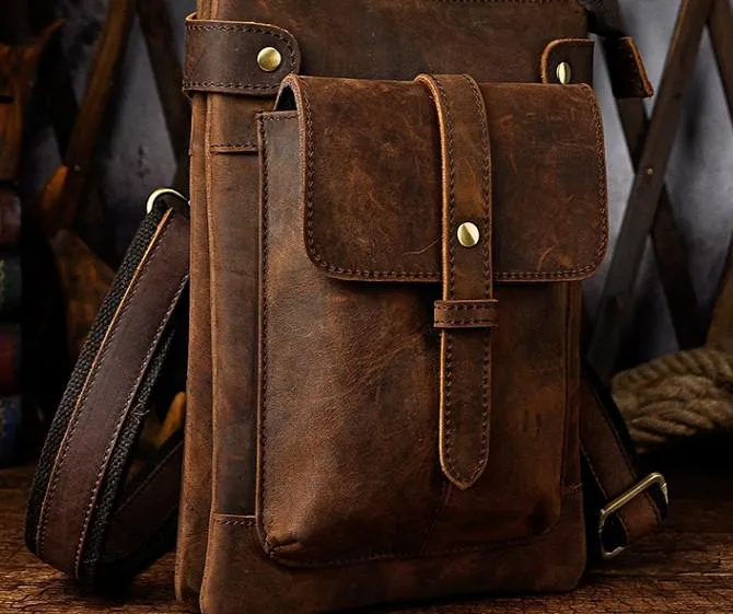 Mens Leather Small COURIER BAG Side Bag Waist Bag Holster Belt Case Belt Pouch for Men