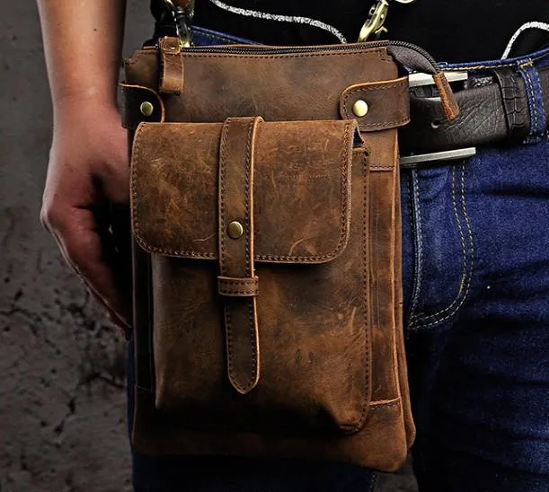Mens Leather Small COURIER BAG Side Bag Waist Bag Holster Belt Case Belt Pouch for Men