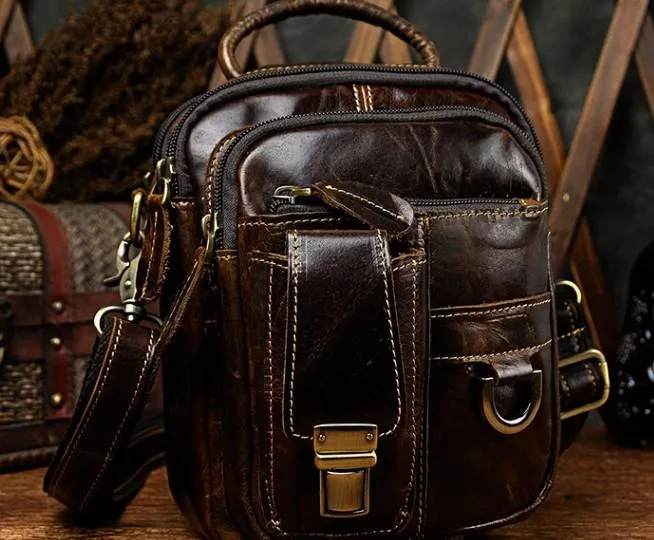 Mens Leather Small Side Bag COURIER BAG Waist Bag Holster Belt Case Belt Pouch for Men