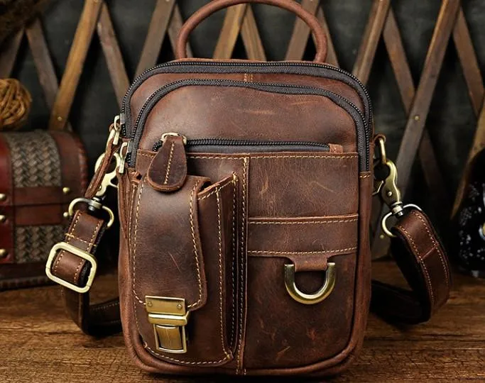 Mens Leather Small Side Bag COURIER BAG Waist Bag Holster Belt Case Belt Pouch for Men