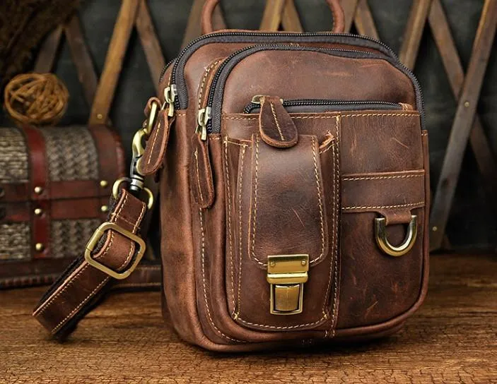 Mens Leather Small Side Bag COURIER BAG Waist Bag Holster Belt Case Belt Pouch for Men