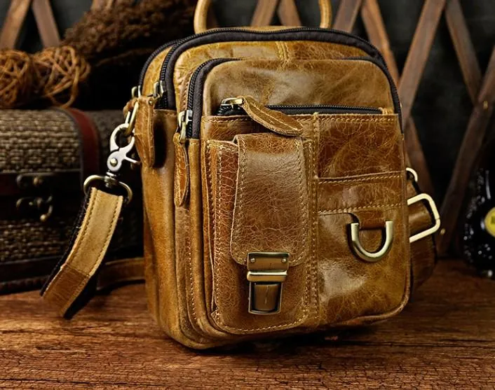 Mens Leather Small Side Bag COURIER BAG Waist Bag Holster Belt Case Belt Pouch for Men