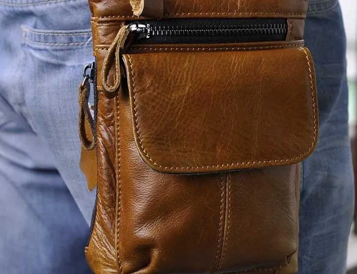 Mens Leather Small Side Bag Waist Pouch Holster COURIER BAG Belt Case Belt Pouch for Men