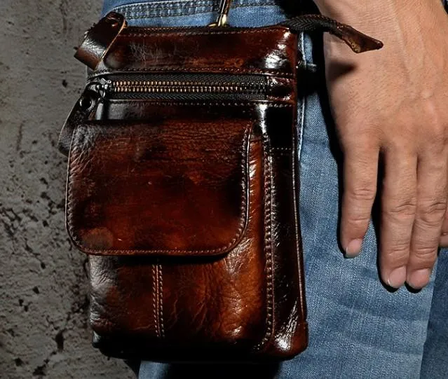 Mens Leather Small Side Bag Waist Pouch Holster COURIER BAG Belt Case Belt Pouch for Men