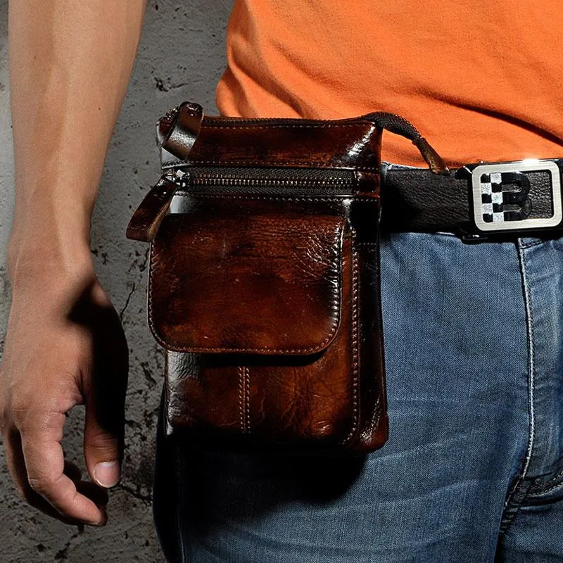 Mens Leather Small Side Bag Waist Pouch Holster COURIER BAG Belt Case Belt Pouch for Men