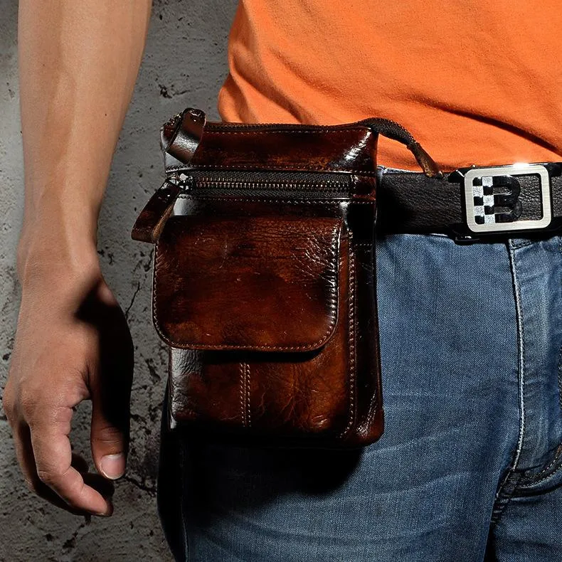 Mens Leather Small Side Bag Waist Pouch Holster COURIER BAG Belt Case Belt Pouch for Men