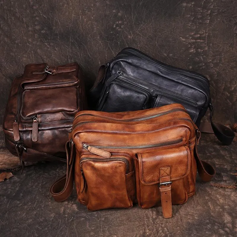 Mens Vintage Leather Messenger Bag Coffee Side Shoulder Bag Courier Bag Postman Bag for Men