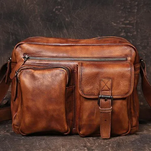 Mens Vintage Leather Messenger Bag Coffee Side Shoulder Bag Courier Bag Postman Bag for Men