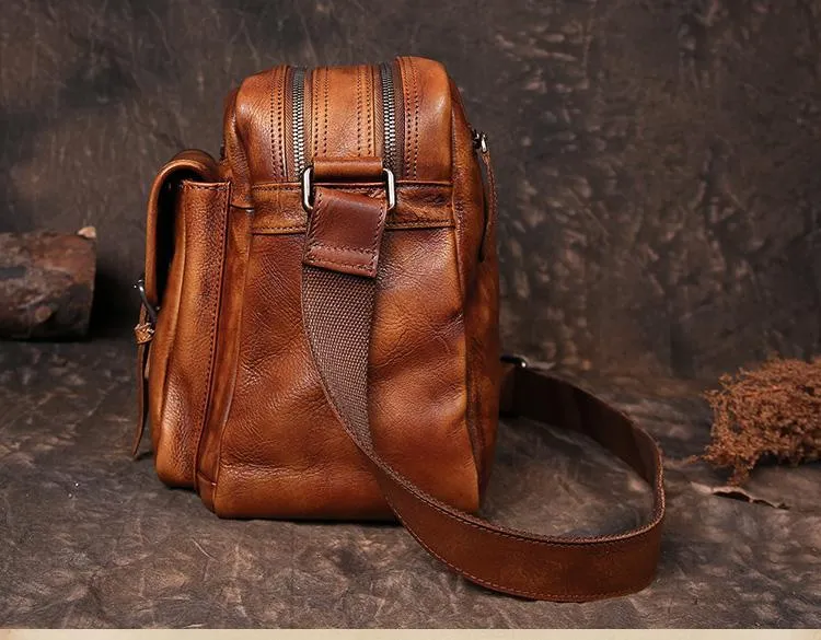 Mens Vintage Leather Messenger Bag Coffee Side Shoulder Bag Courier Bag Postman Bag for Men