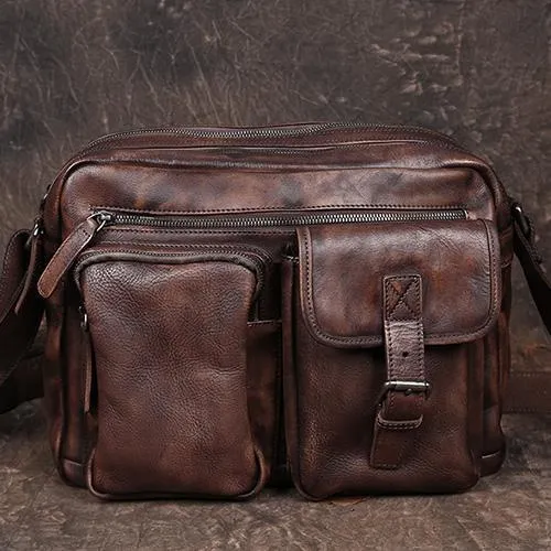 Mens Vintage Leather Messenger Bag Coffee Side Shoulder Bag Courier Bag Postman Bag for Men