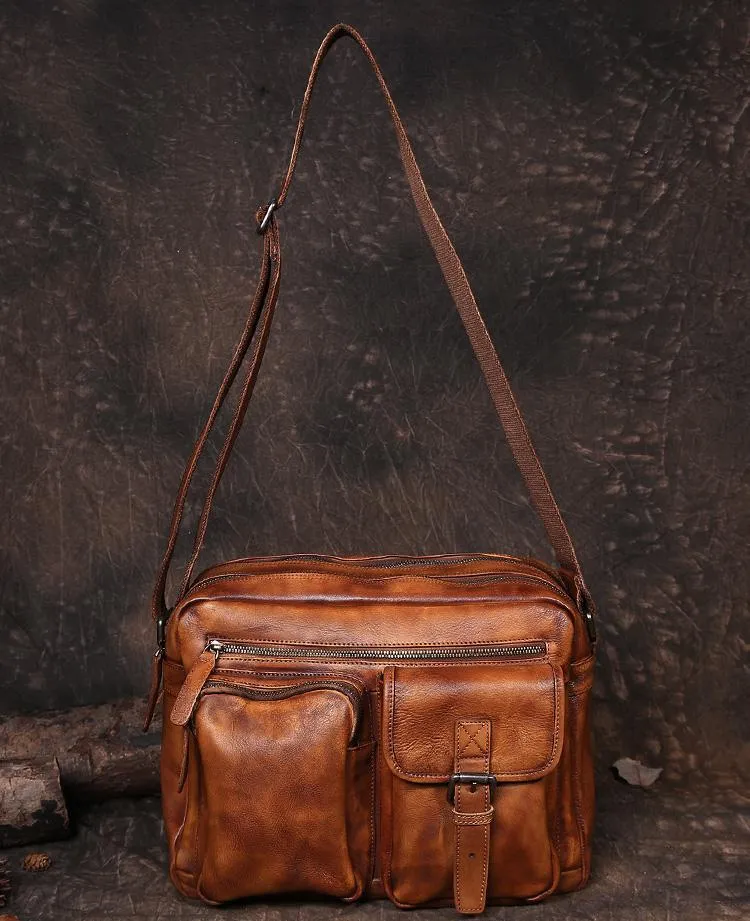 Mens Vintage Leather Messenger Bag Coffee Side Shoulder Bag Courier Bag Postman Bag for Men