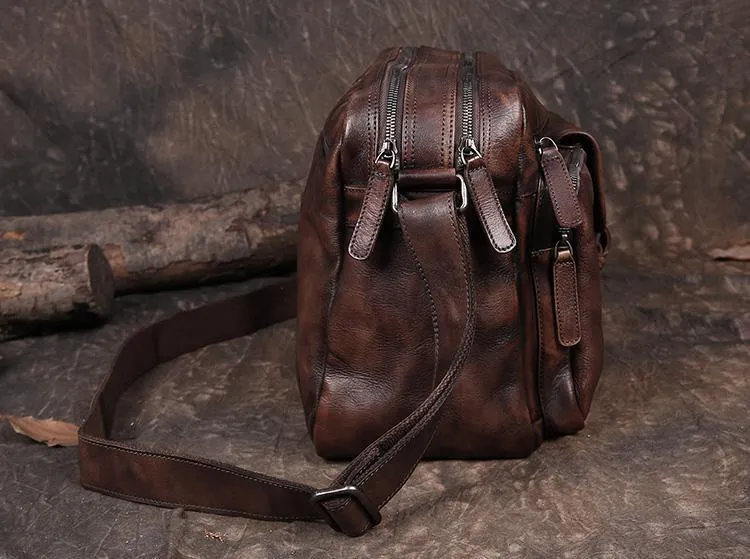 Mens Vintage Leather Messenger Bag Coffee Side Shoulder Bag Courier Bag Postman Bag for Men