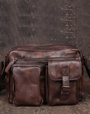 Mens Vintage Leather Messenger Bag Coffee Side Shoulder Bag Courier Bag Postman Bag for Men