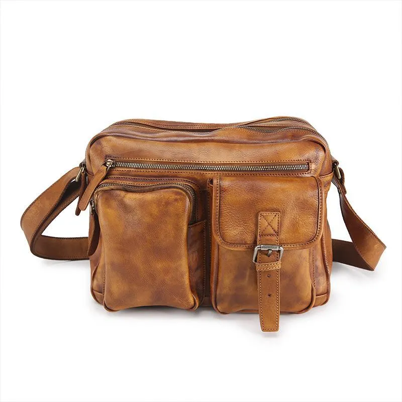 Mens Vintage Leather Messenger Bag Coffee Side Shoulder Bag Courier Bag Postman Bag for Men
