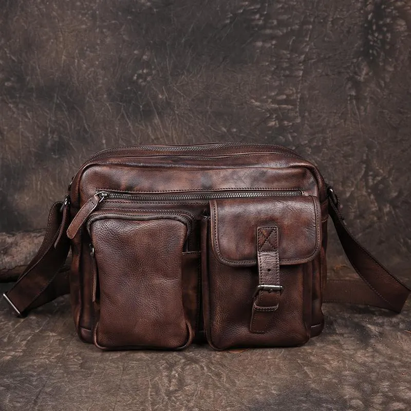 Mens Vintage Leather Messenger Bag Coffee Side Shoulder Bag Courier Bag Postman Bag for Men