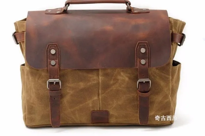 Mens Waxed Canvas Leather Side Bag Messenger Bag Canvas Courier Bag for Men