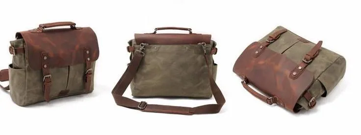 Mens Waxed Canvas Leather Side Bag Messenger Bag Canvas Courier Bag for Men