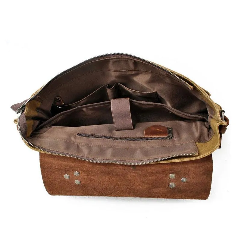 Mens Waxed Canvas Leather Side Bag Messenger Bag Canvas Courier Bag for Men