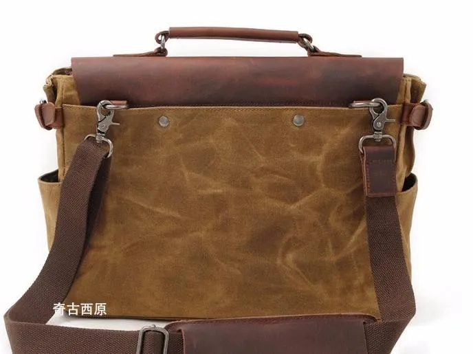 Mens Waxed Canvas Leather Side Bag Messenger Bag Canvas Courier Bag for Men
