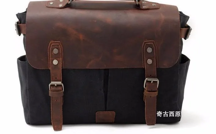 Mens Waxed Canvas Leather Side Bag Messenger Bag Canvas Courier Bag for Men