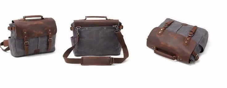 Mens Waxed Canvas Leather Side Bag Messenger Bag Canvas Courier Bag for Men