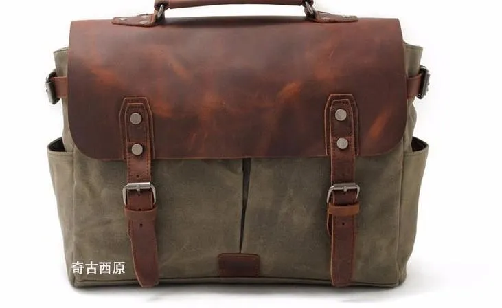 Mens Waxed Canvas Leather Side Bag Messenger Bag Canvas Courier Bag for Men