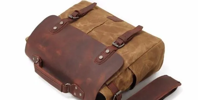 Mens Waxed Canvas Leather Side Bag Messenger Bag Canvas Courier Bag for Men