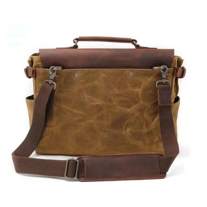 Mens Waxed Canvas Leather Side Bag Messenger Bag Canvas Courier Bag for Men