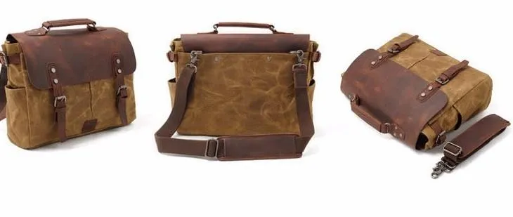 Mens Waxed Canvas Leather Side Bag Messenger Bag Canvas Courier Bag for Men
