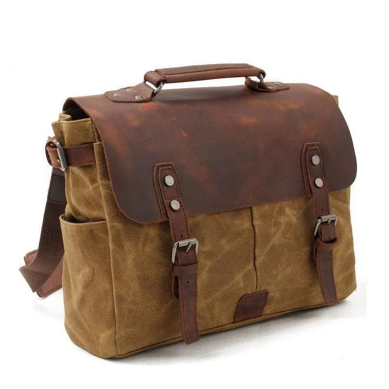 Mens Waxed Canvas Leather Side Bag Messenger Bag Canvas Courier Bag for Men
