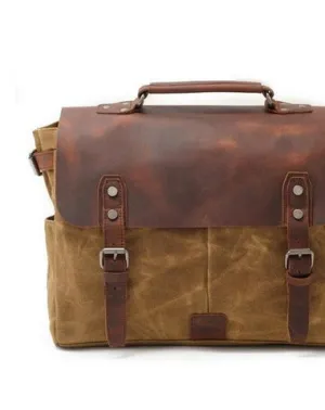 Mens Waxed Canvas Leather Side Bag Messenger Bag Canvas Courier Bag for Men