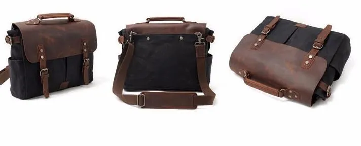 Mens Waxed Canvas Leather Side Bag Messenger Bag Canvas Courier Bag for Men