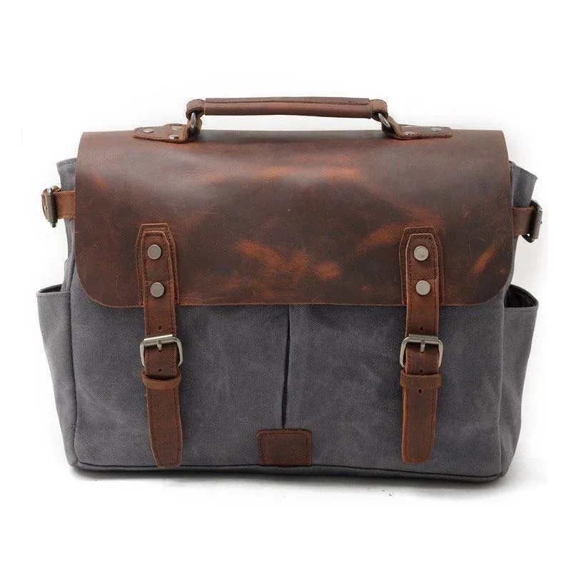 Mens Waxed Canvas Leather Side Bag Messenger Bag Canvas Courier Bag for Men