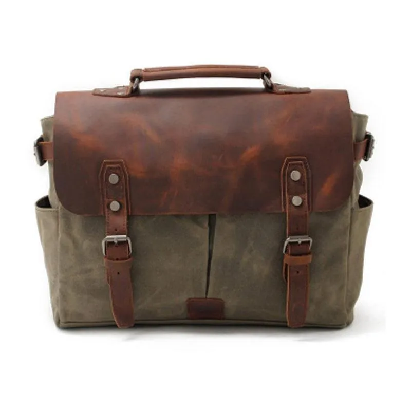 Mens Waxed Canvas Leather Side Bag Messenger Bag Canvas Courier Bag for Men