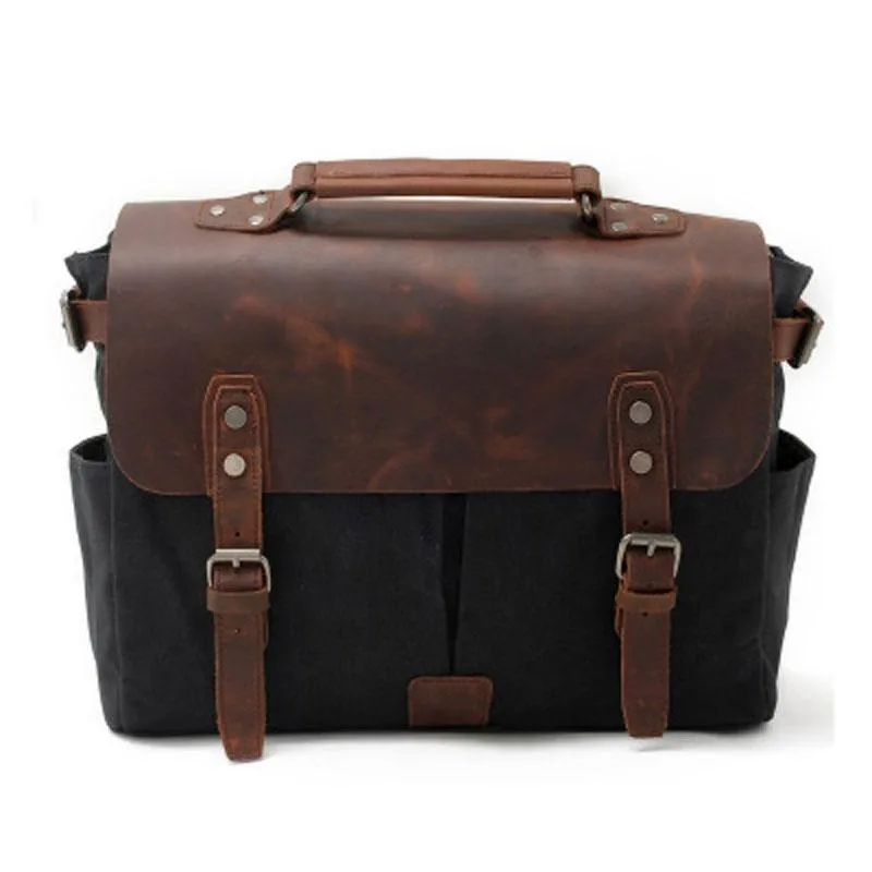 Mens Waxed Canvas Leather Side Bag Messenger Bag Canvas Courier Bag for Men