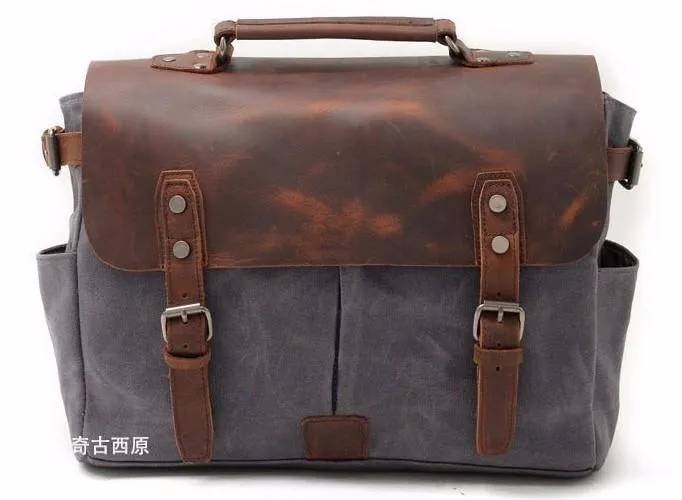 Mens Waxed Canvas Leather Side Bag Messenger Bag Canvas Courier Bag for Men