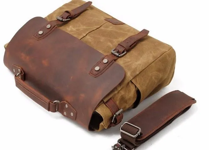 Mens Waxed Canvas Leather Side Bag Messenger Bag Canvas Courier Bag for Men